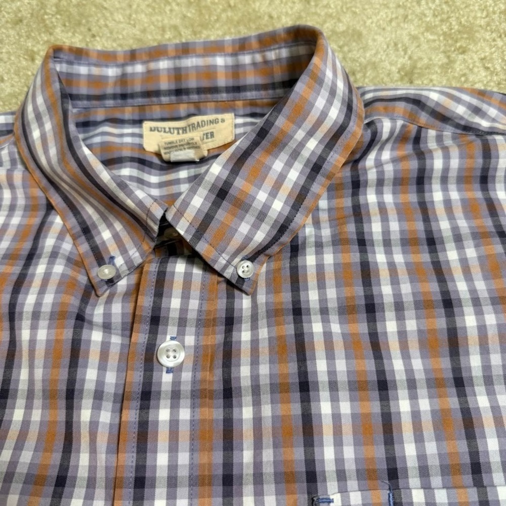 Duluth Trading Mens Shirt 2XL Brown Gray Plaid Wrinklefighter Button Down